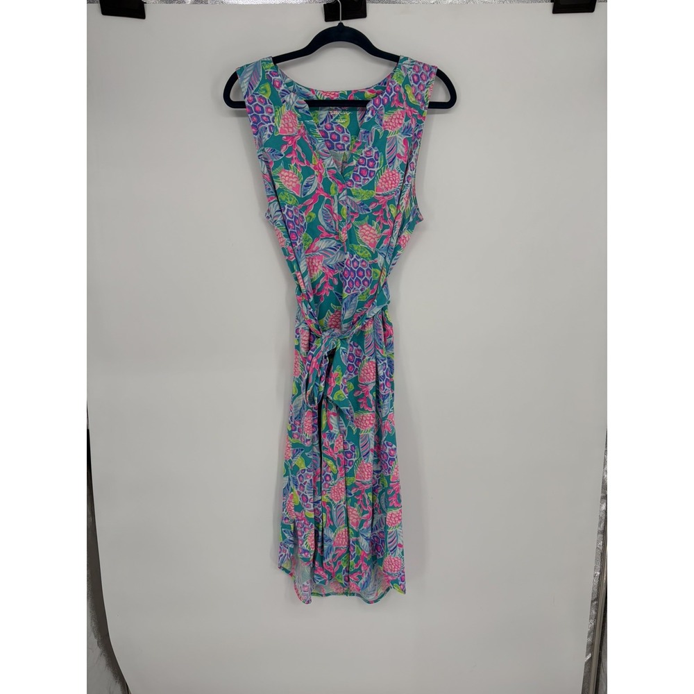 Lilly Pulitzer Nalia Tropical Midi Dress Resortwear Maldives Green Turtle Wave L